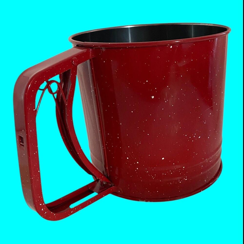 Stainless Steel Flour Sifter Spring Form Red Speckled Hand Held Squeeze Handle
